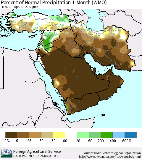 Middle East and Turkey Percent of Normal Precipitation 1-Month (WMO) Thematic Map For 3/21/2022 - 4/20/2022