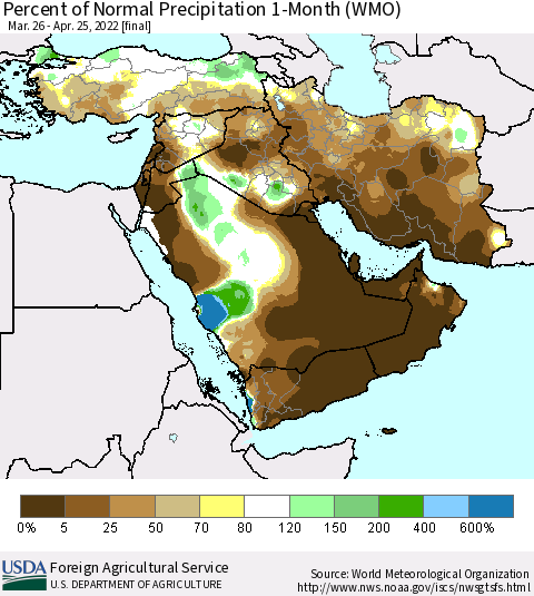 Middle East and Turkey Percent of Normal Precipitation 1-Month (WMO) Thematic Map For 3/26/2022 - 4/25/2022