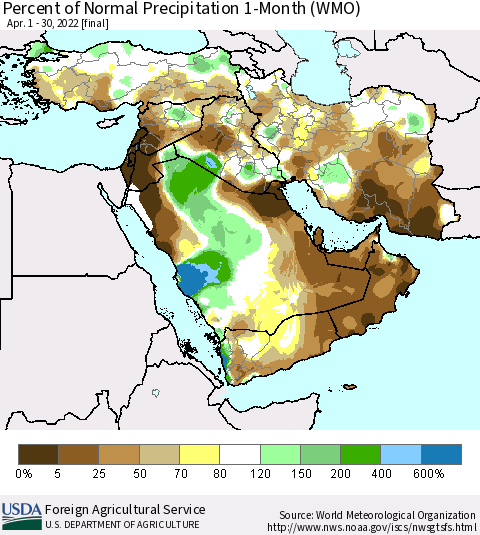 Middle East and Turkey Percent of Normal Precipitation 1-Month (WMO) Thematic Map For 4/1/2022 - 4/30/2022