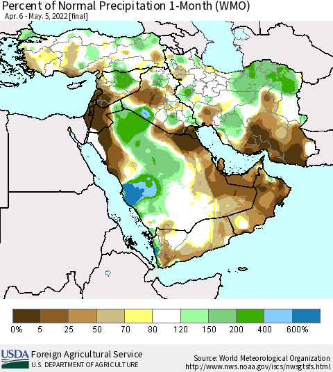 Middle East and Turkey Percent of Normal Precipitation 1-Month (WMO) Thematic Map For 4/6/2022 - 5/5/2022