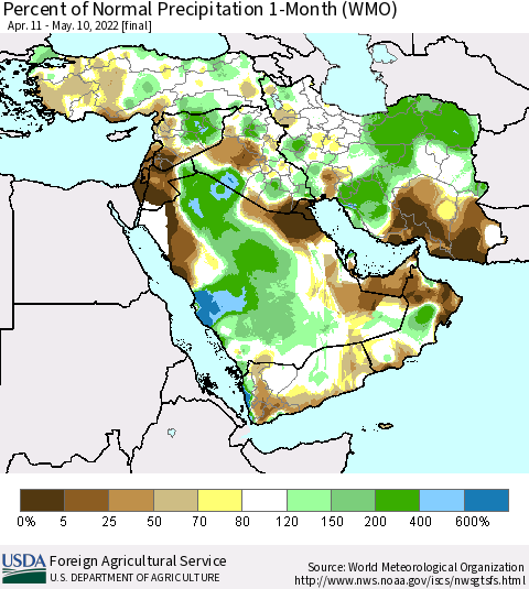 Middle East and Turkey Percent of Normal Precipitation 1-Month (WMO) Thematic Map For 4/11/2022 - 5/10/2022
