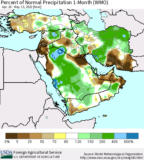 Middle East and Turkey Percent of Normal Precipitation 1-Month (WMO) Thematic Map For 4/16/2022 - 5/15/2022