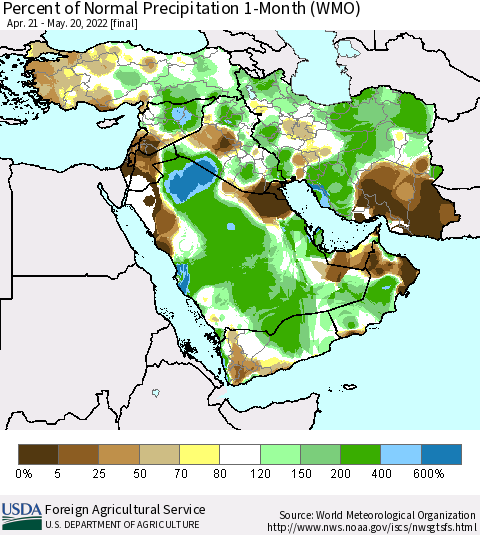 Middle East and Turkey Percent of Normal Precipitation 1-Month (WMO) Thematic Map For 4/21/2022 - 5/20/2022