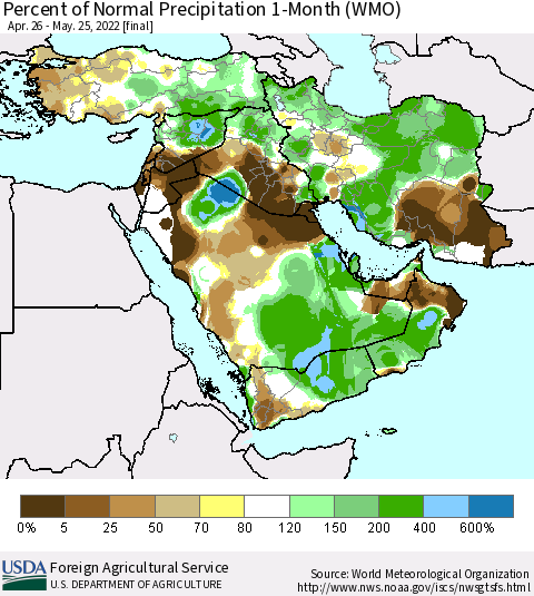 Middle East and Turkey Percent of Normal Precipitation 1-Month (WMO) Thematic Map For 4/26/2022 - 5/25/2022