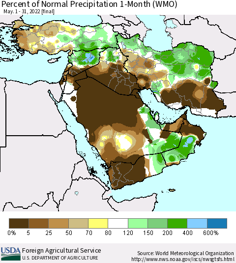 Middle East and Turkey Percent of Normal Precipitation 1-Month (WMO) Thematic Map For 5/1/2022 - 5/31/2022