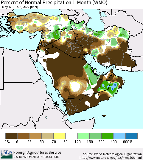 Middle East and Turkey Percent of Normal Precipitation 1-Month (WMO) Thematic Map For 5/6/2022 - 6/5/2022