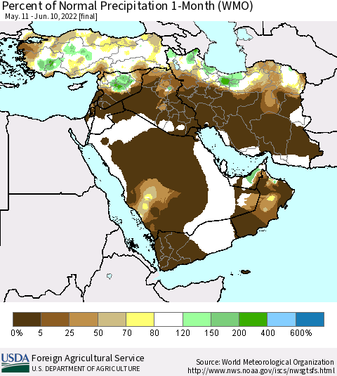 Middle East and Turkey Percent of Normal Precipitation 1-Month (WMO) Thematic Map For 5/11/2022 - 6/10/2022