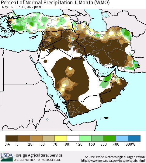 Middle East and Turkey Percent of Normal Precipitation 1-Month (WMO) Thematic Map For 5/16/2022 - 6/15/2022