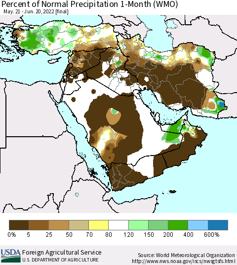 Middle East and Turkey Percent of Normal Precipitation 1-Month (WMO) Thematic Map For 5/21/2022 - 6/20/2022