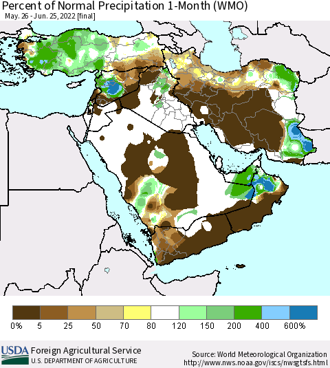 Middle East and Turkey Percent of Normal Precipitation 1-Month (WMO) Thematic Map For 5/26/2022 - 6/25/2022