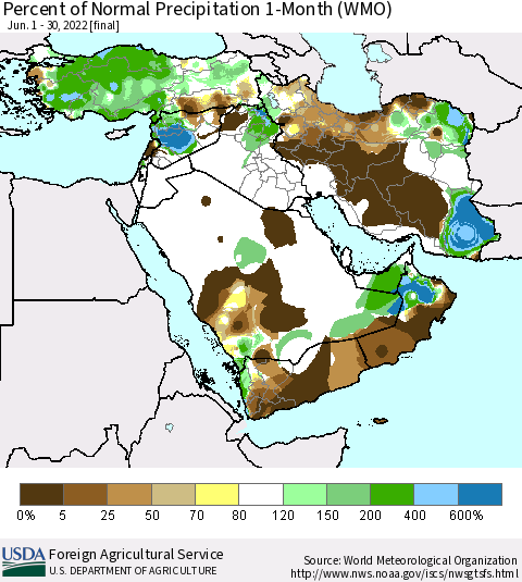Middle East and Turkey Percent of Normal Precipitation 1-Month (WMO) Thematic Map For 6/1/2022 - 6/30/2022