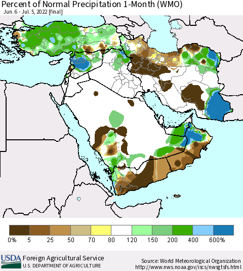 Middle East and Turkey Percent of Normal Precipitation 1-Month (WMO) Thematic Map For 6/6/2022 - 7/5/2022