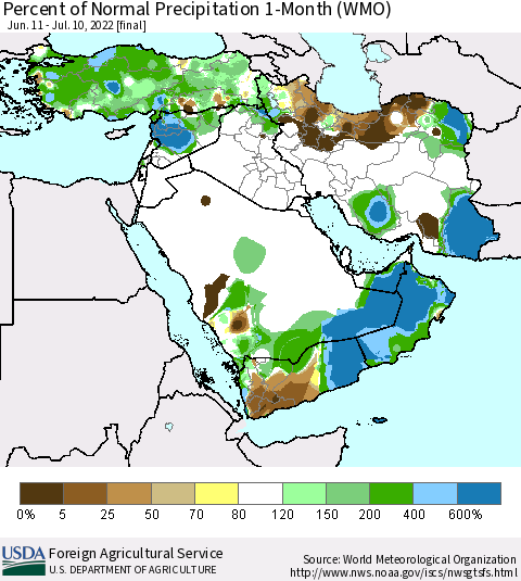 Middle East and Turkey Percent of Normal Precipitation 1-Month (WMO) Thematic Map For 6/11/2022 - 7/10/2022