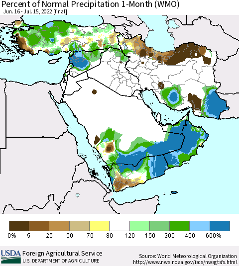 Middle East and Turkey Percent of Normal Precipitation 1-Month (WMO) Thematic Map For 6/16/2022 - 7/15/2022