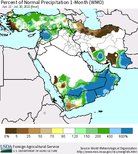 Middle East and Turkey Percent of Normal Precipitation 1-Month (WMO) Thematic Map For 6/21/2022 - 7/20/2022