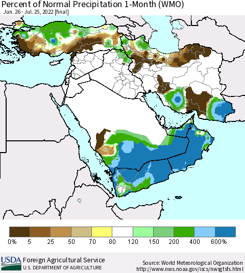 Middle East and Turkey Percent of Normal Precipitation 1-Month (WMO) Thematic Map For 6/26/2022 - 7/25/2022