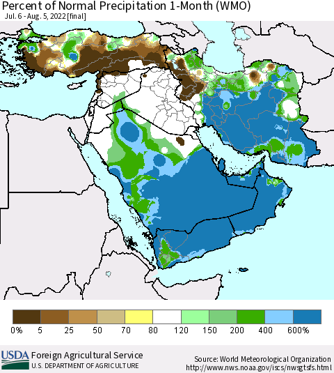 Middle East and Turkey Percent of Normal Precipitation 1-Month (WMO) Thematic Map For 7/6/2022 - 8/5/2022