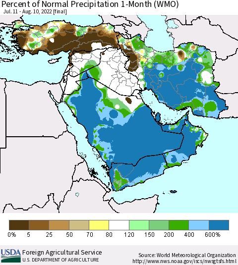 Middle East and Turkey Percent of Normal Precipitation 1-Month (WMO) Thematic Map For 7/11/2022 - 8/10/2022