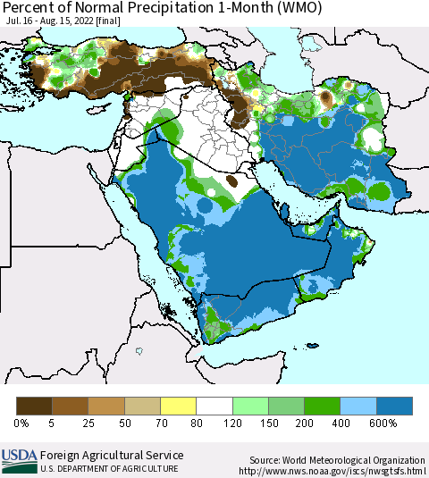 Middle East and Turkey Percent of Normal Precipitation 1-Month (WMO) Thematic Map For 7/16/2022 - 8/15/2022