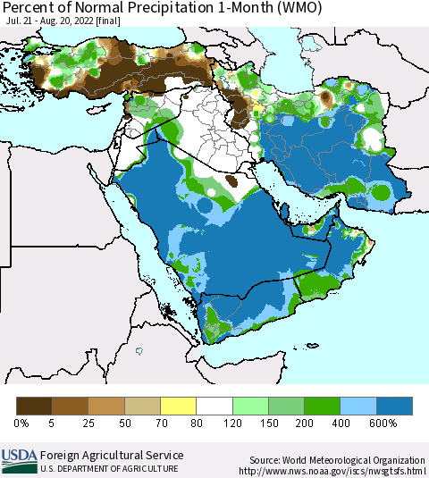 Middle East and Turkey Percent of Normal Precipitation 1-Month (WMO) Thematic Map For 7/21/2022 - 8/20/2022