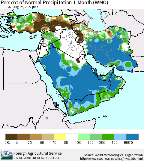 Middle East and Turkey Percent of Normal Precipitation 1-Month (WMO) Thematic Map For 7/26/2022 - 8/25/2022