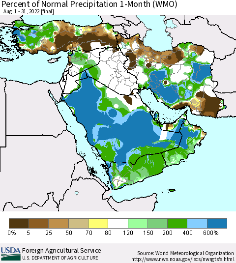 Middle East and Turkey Percent of Normal Precipitation 1-Month (WMO) Thematic Map For 8/1/2022 - 8/31/2022