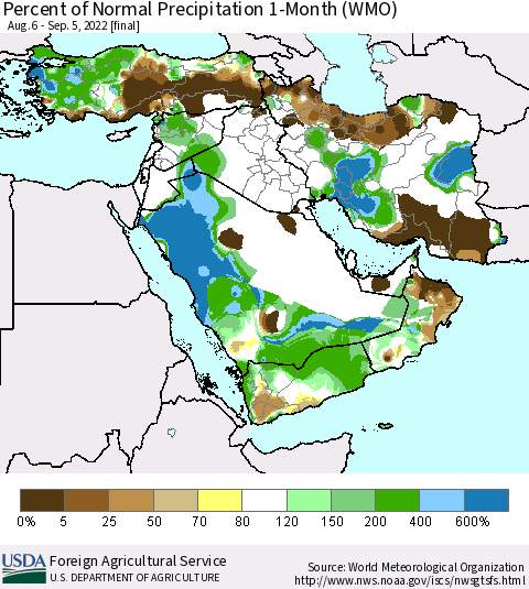Middle East and Turkey Percent of Normal Precipitation 1-Month (WMO) Thematic Map For 8/6/2022 - 9/5/2022