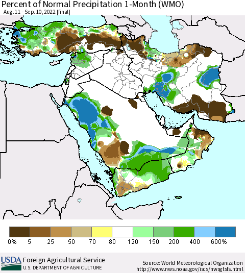 Middle East and Turkey Percent of Normal Precipitation 1-Month (WMO) Thematic Map For 8/11/2022 - 9/10/2022