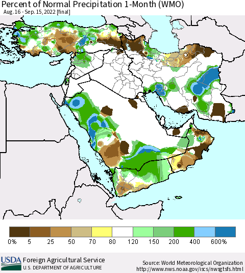 Middle East and Turkey Percent of Normal Precipitation 1-Month (WMO) Thematic Map For 8/16/2022 - 9/15/2022