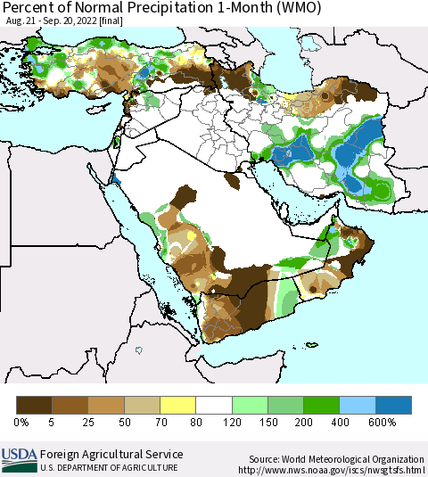 Middle East and Turkey Percent of Normal Precipitation 1-Month (WMO) Thematic Map For 8/21/2022 - 9/20/2022