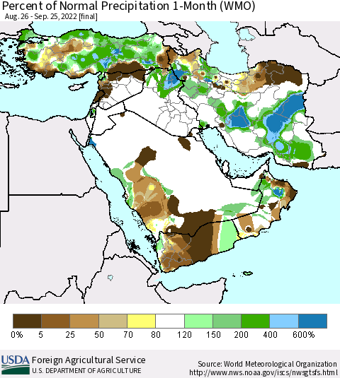 Middle East and Turkey Percent of Normal Precipitation 1-Month (WMO) Thematic Map For 8/26/2022 - 9/25/2022