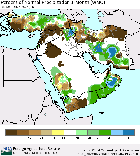 Middle East and Turkey Percent of Normal Precipitation 1-Month (WMO) Thematic Map For 9/6/2022 - 10/5/2022