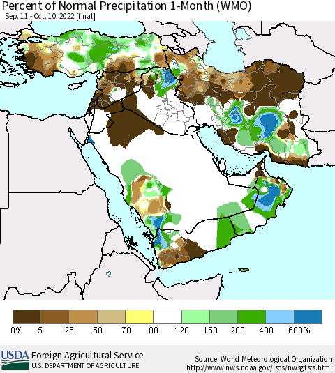 Middle East and Turkey Percent of Normal Precipitation 1-Month (WMO) Thematic Map For 9/11/2022 - 10/10/2022