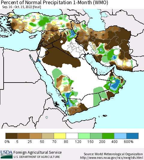 Middle East and Turkey Percent of Normal Precipitation 1-Month (WMO) Thematic Map For 9/16/2022 - 10/15/2022
