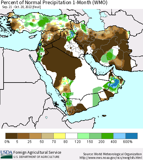 Middle East and Turkey Percent of Normal Precipitation 1-Month (WMO) Thematic Map For 9/21/2022 - 10/20/2022
