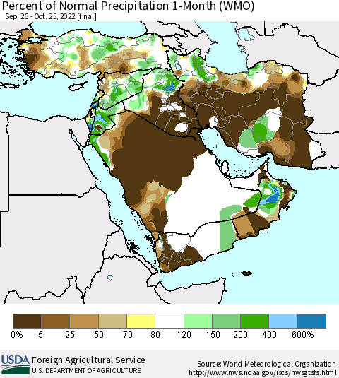 Middle East and Turkey Percent of Normal Precipitation 1-Month (WMO) Thematic Map For 9/26/2022 - 10/25/2022