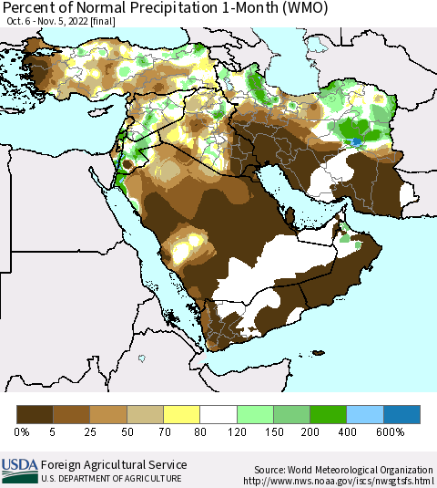 Middle East and Turkey Percent of Normal Precipitation 1-Month (WMO) Thematic Map For 10/6/2022 - 11/5/2022