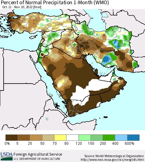 Middle East and Turkey Percent of Normal Precipitation 1-Month (WMO) Thematic Map For 10/11/2022 - 11/10/2022