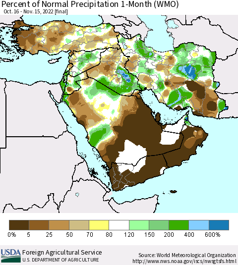 Middle East and Turkey Percent of Normal Precipitation 1-Month (WMO) Thematic Map For 10/16/2022 - 11/15/2022