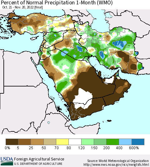 Middle East and Turkey Percent of Normal Precipitation 1-Month (WMO) Thematic Map For 10/21/2022 - 11/20/2022