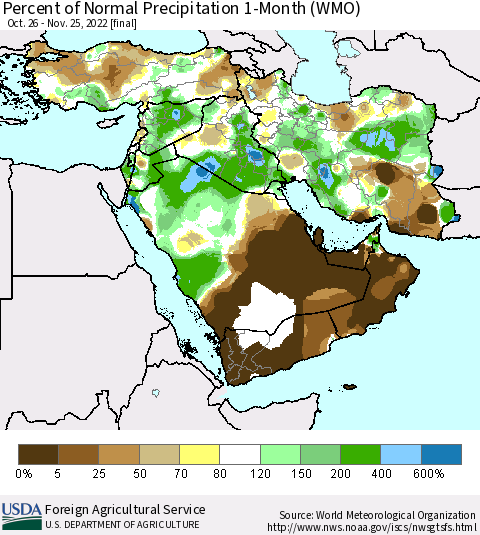 Middle East and Turkey Percent of Normal Precipitation 1-Month (WMO) Thematic Map For 10/26/2022 - 11/25/2022