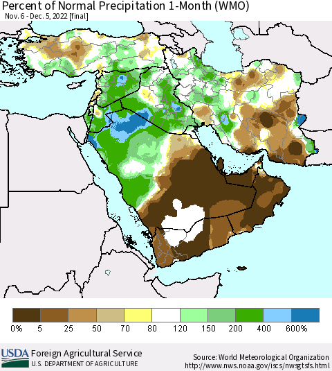Middle East and Turkey Percent of Normal Precipitation 1-Month (WMO) Thematic Map For 11/6/2022 - 12/5/2022