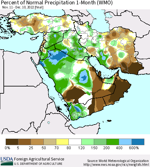 Middle East and Turkey Percent of Normal Precipitation 1-Month (WMO) Thematic Map For 11/11/2022 - 12/10/2022