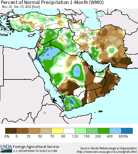 Middle East and Turkey Percent of Normal Precipitation 1-Month (WMO) Thematic Map For 11/16/2022 - 12/15/2022
