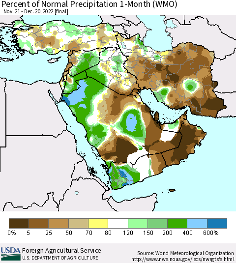 Middle East and Turkey Percent of Normal Precipitation 1-Month (WMO) Thematic Map For 11/21/2022 - 12/20/2022
