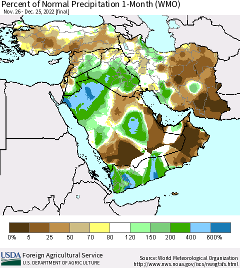 Middle East and Turkey Percent of Normal Precipitation 1-Month (WMO) Thematic Map For 11/26/2022 - 12/25/2022