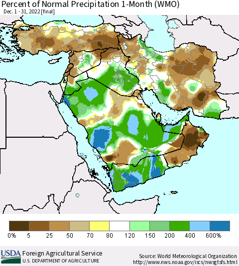 Middle East and Turkey Percent of Normal Precipitation 1-Month (WMO) Thematic Map For 12/1/2022 - 12/31/2022