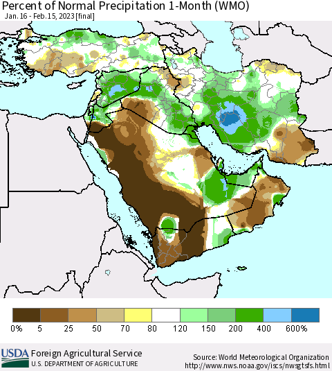 Middle East and Turkey Percent of Normal Precipitation 1-Month (WMO) Thematic Map For 1/16/2023 - 2/15/2023