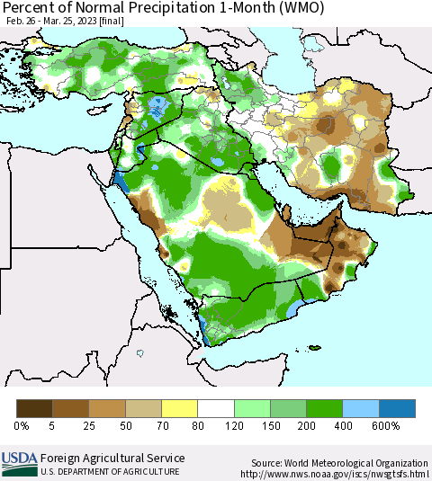 Middle East and Turkey Percent of Normal Precipitation 1-Month (WMO) Thematic Map For 2/26/2023 - 3/25/2023