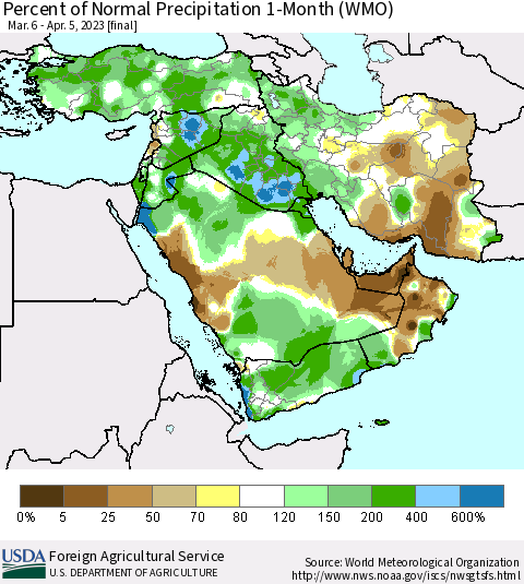 Middle East and Turkey Percent of Normal Precipitation 1-Month (WMO) Thematic Map For 3/6/2023 - 4/5/2023